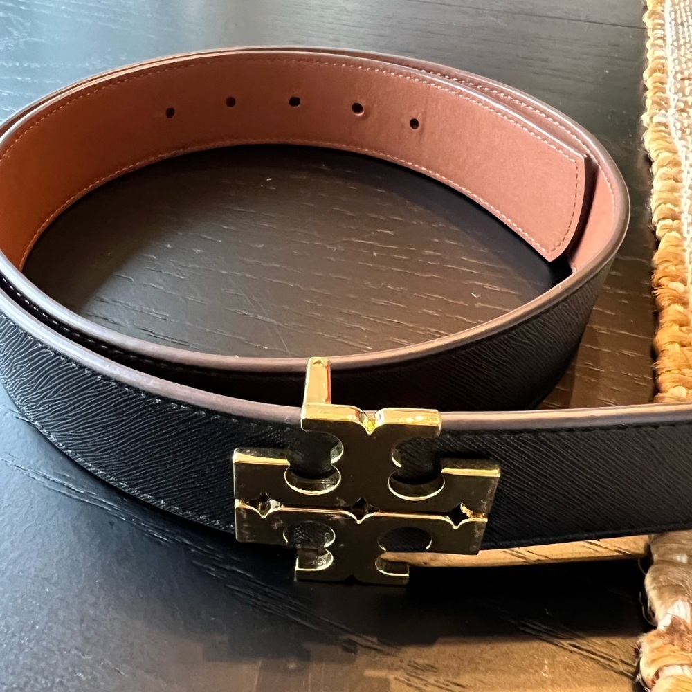 Tory Burch Black and Tan Belt with Gold Buckle
